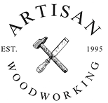 Artisan Woodworking logo with tools illustration.